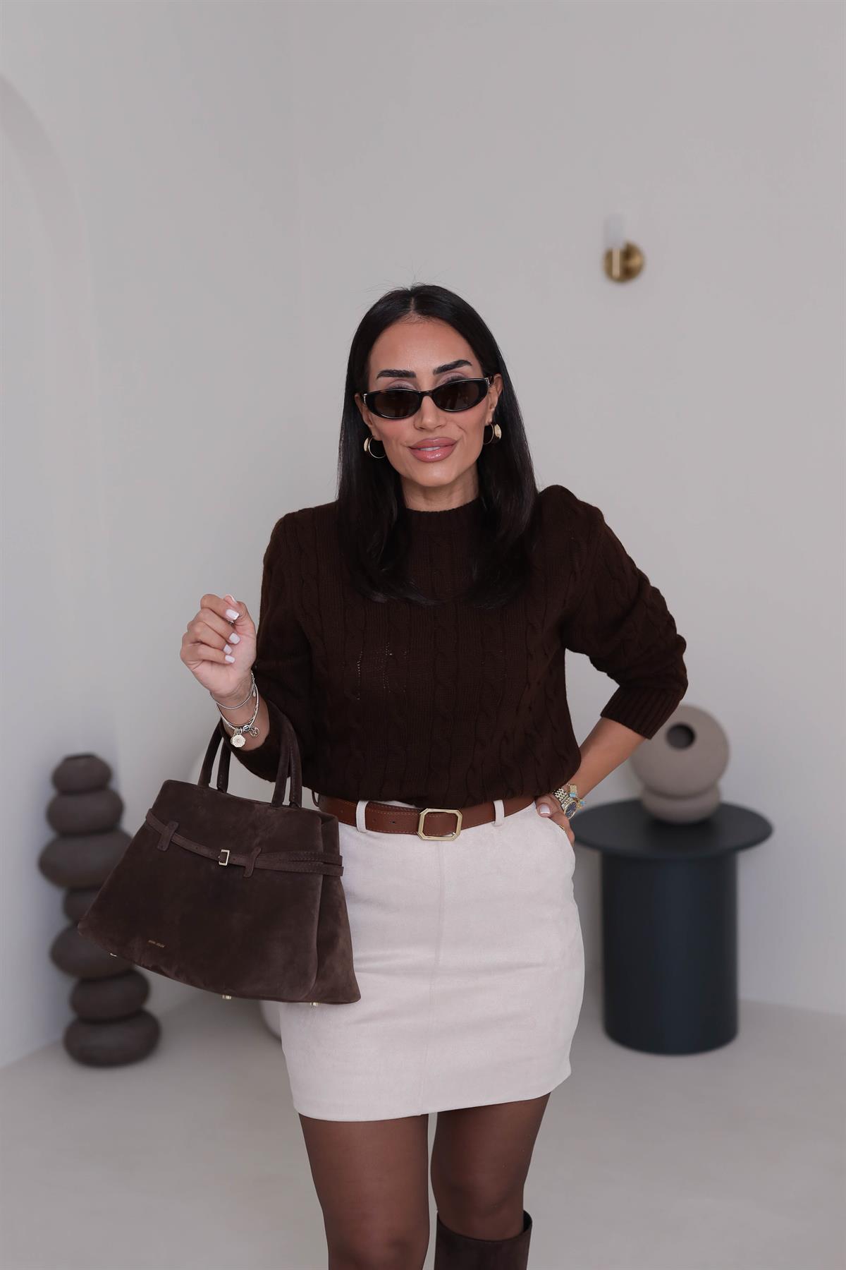 Bisiklet Yaka Örgü Kazak KAHVE