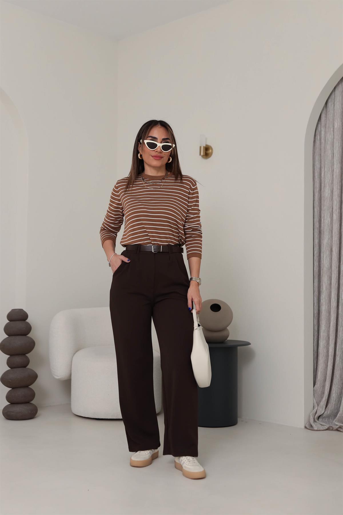 3851 Çift Pile Detaylı Kemerli Palazzo Pantolon KAHVE