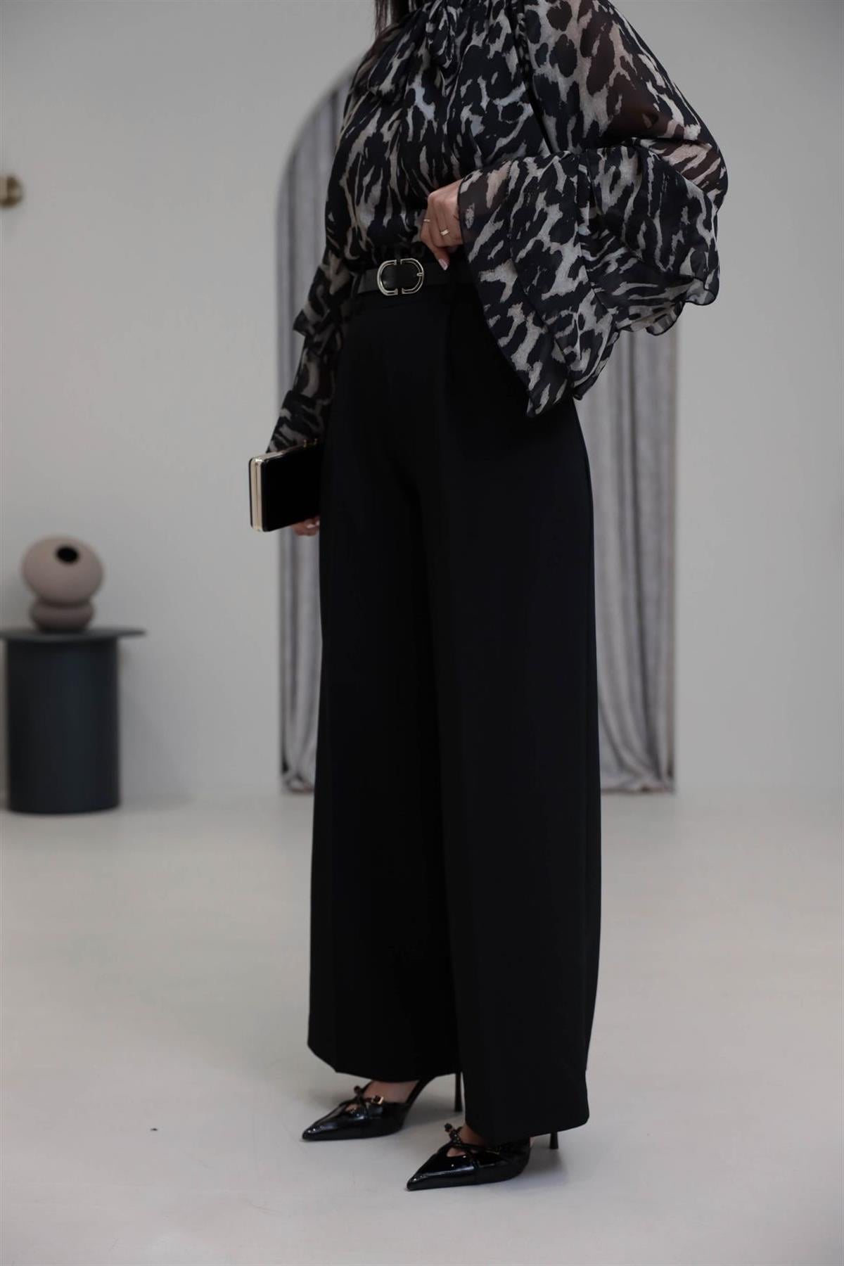 1266 Kemerli Palazzo Pantolon SİYAH