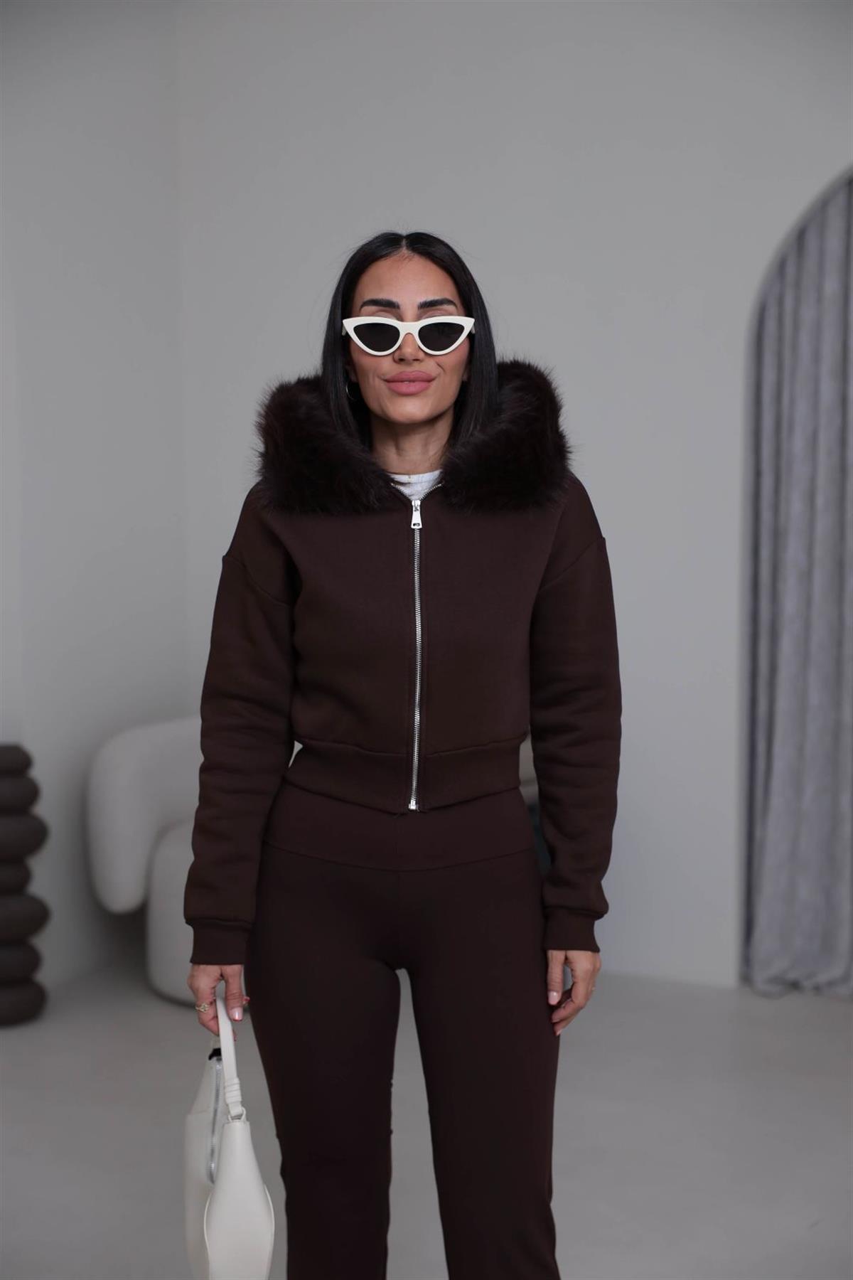 4067 Kapşonu Kürklü Şardonlu Kısa Sweatshirt ACI KAHVE