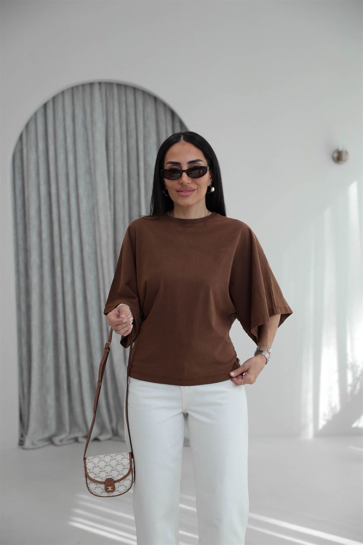 2207 Yıkamalı Pamuklu Tshirt KAHVE