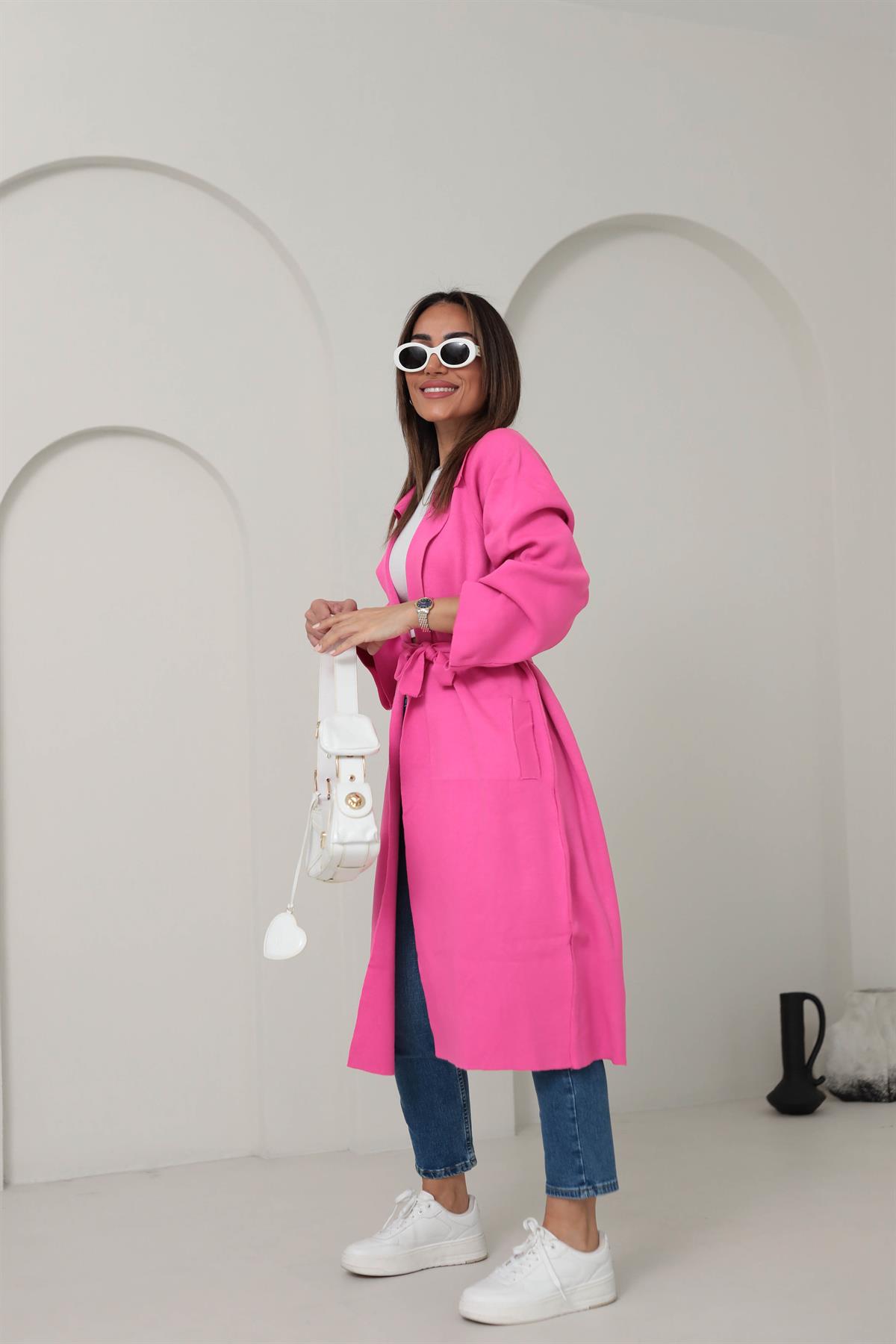 4064 Polo Yaka Triko Kemer Detaylı Hırka FUŞYA