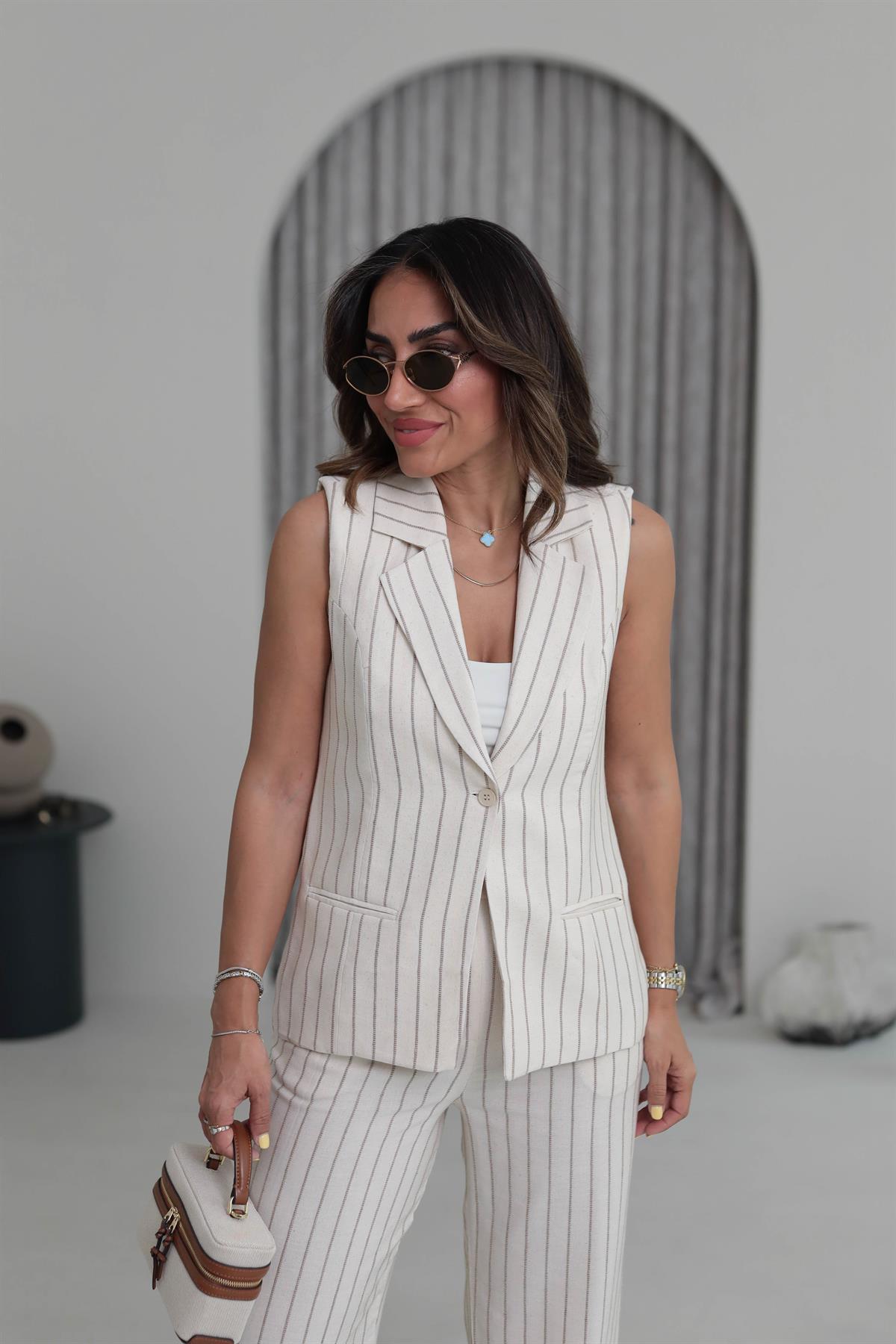 8669 Tek Düğmeli Çizgili Keten Yelek & Pantolon Takım VİZON