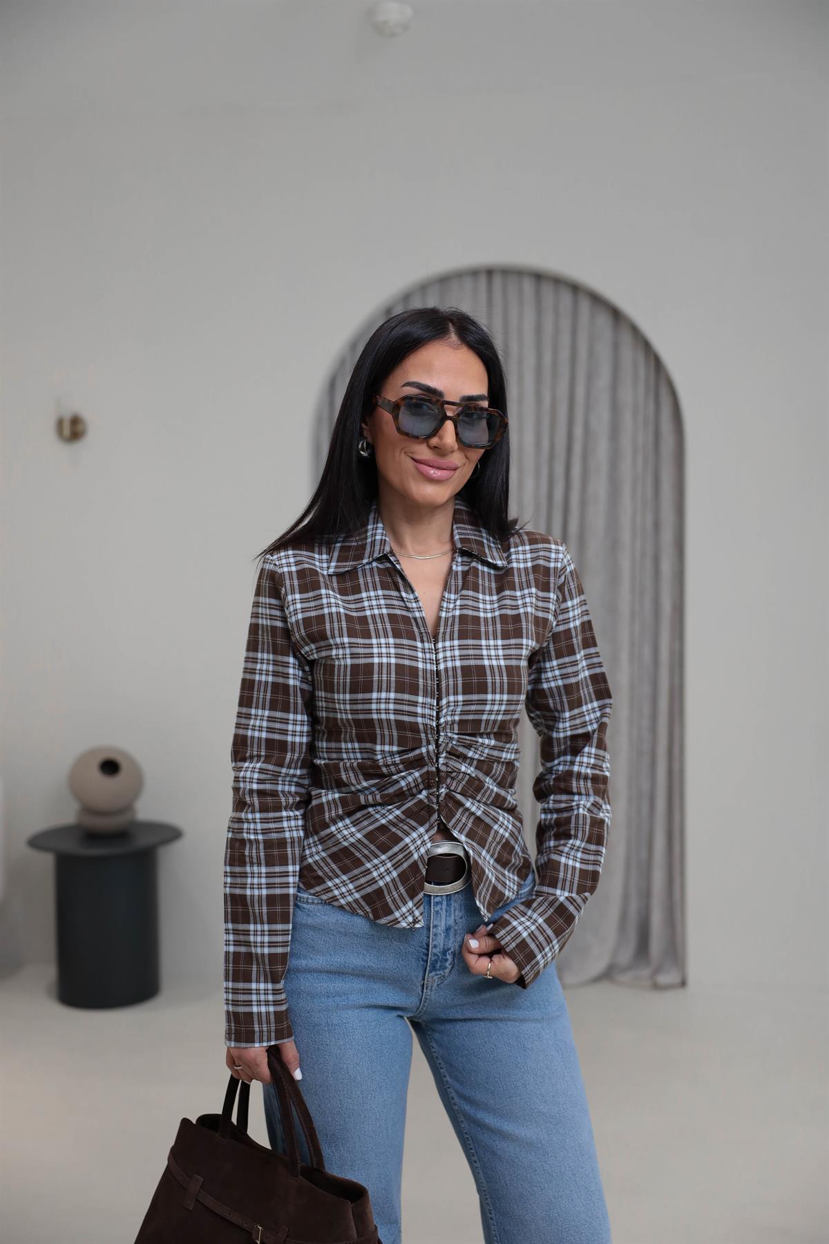 0817 Agraflı Ekose Gömlek KAHVE