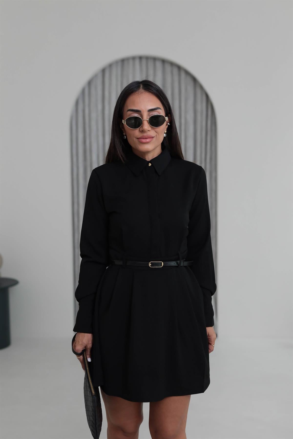 8171 Pensli Kemerli Gömlek Elbise SİYAH