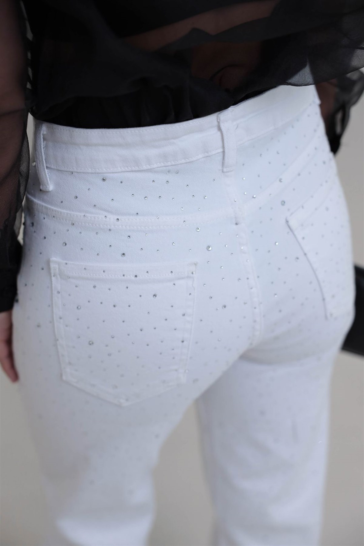 Taşlı Yüksek Bel Likralı Wide Leg Jean BEYAZ