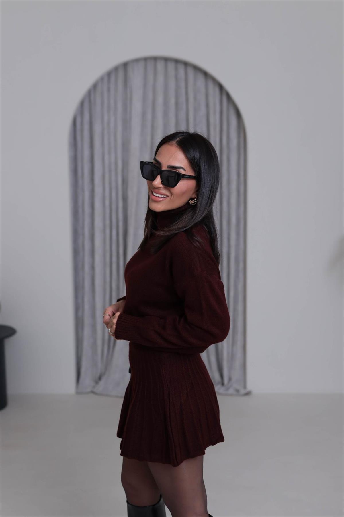 5139K Balıkçı Yaka Etekli Triko Takım BORDO