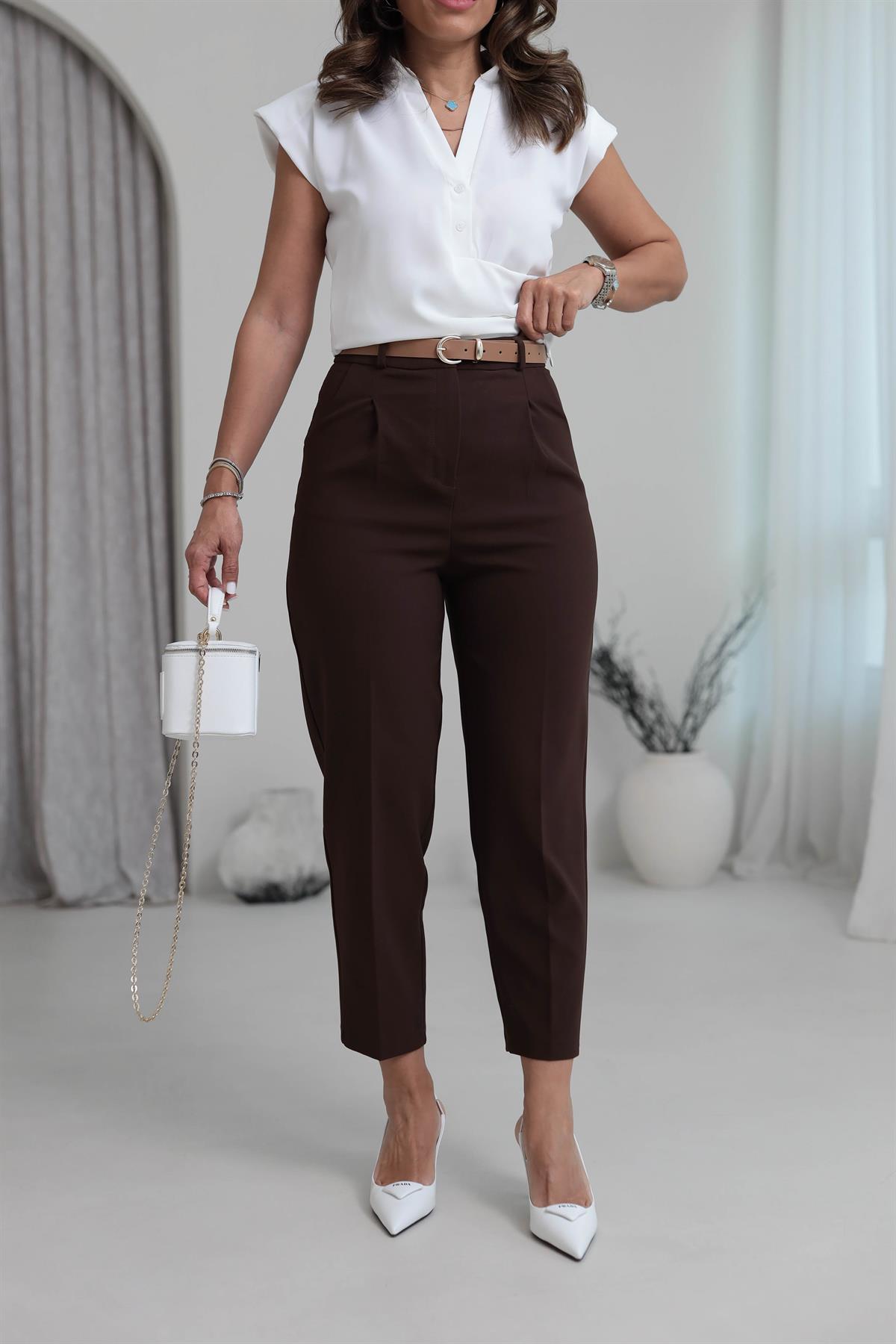 0430 Kemerli Double Havuç Pantolon KAHVE