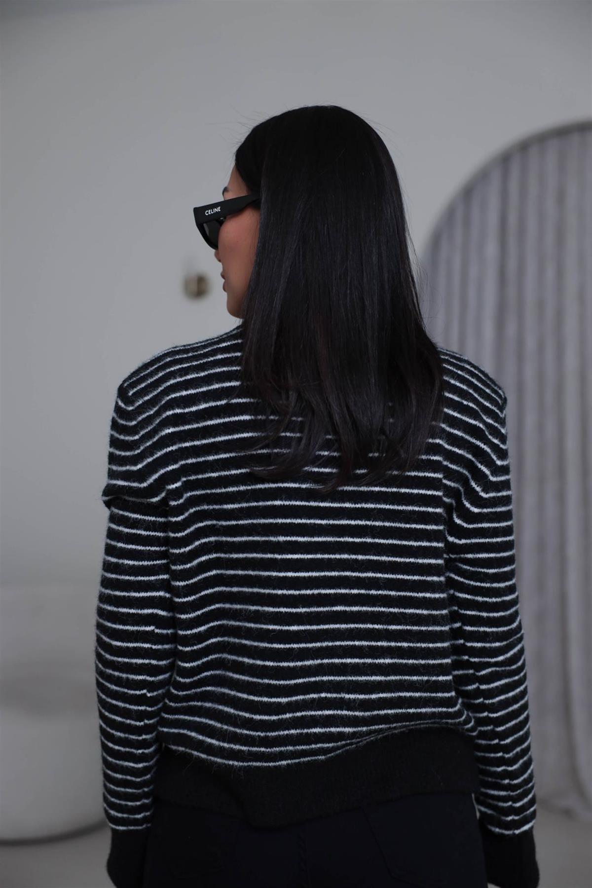 4968 Polo Yaka Yarım Düğmeli Çizgili Kazak SİYAH