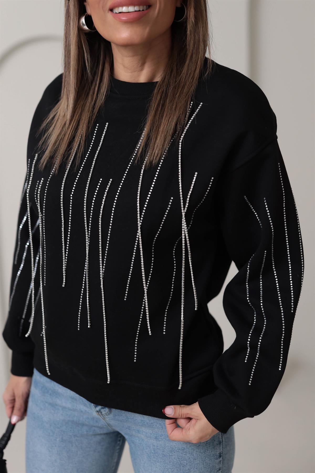 5653 Taş Zincir Detaylı Şardonlu Sweatshirt SİYAH