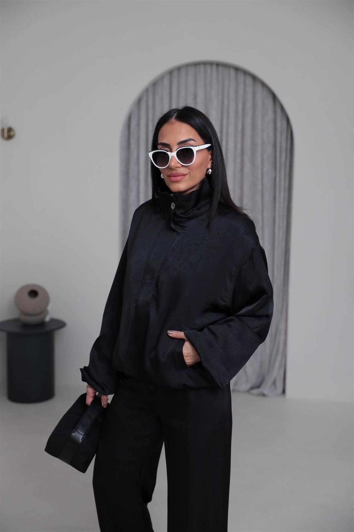 6800 Önden Fermuarlı Bomber Saten Takım SİYAH