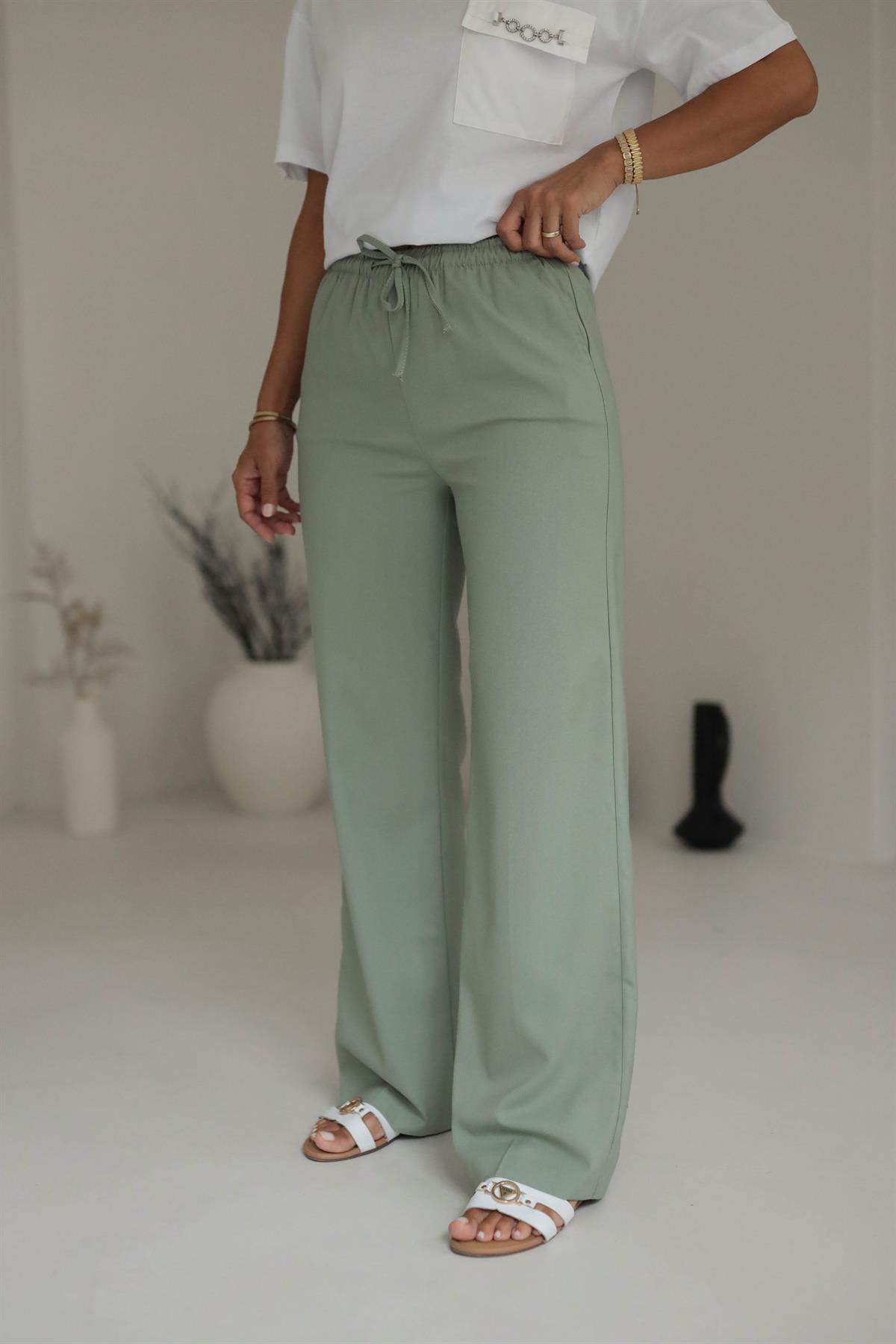 6054 Kemeri Lastikli Dokuma Kumaş Pantolon MİNT