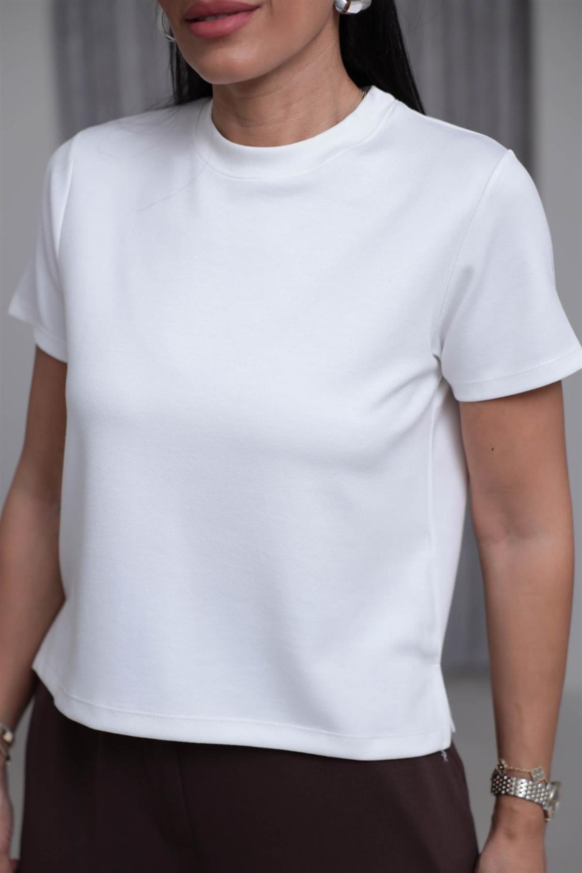 1120 Bisiklet Yaka Kısa Modal Tshirt EKRU