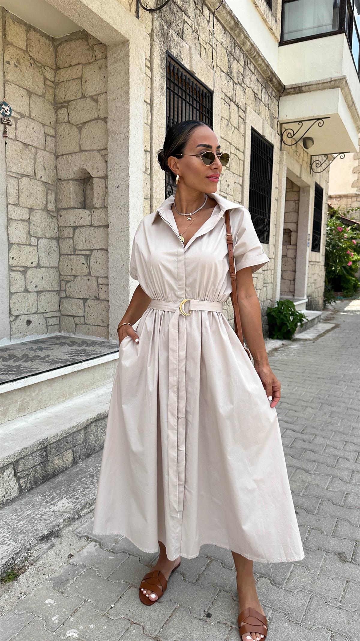 9679 Kemerli Kısa Kol Gömlek Elbise