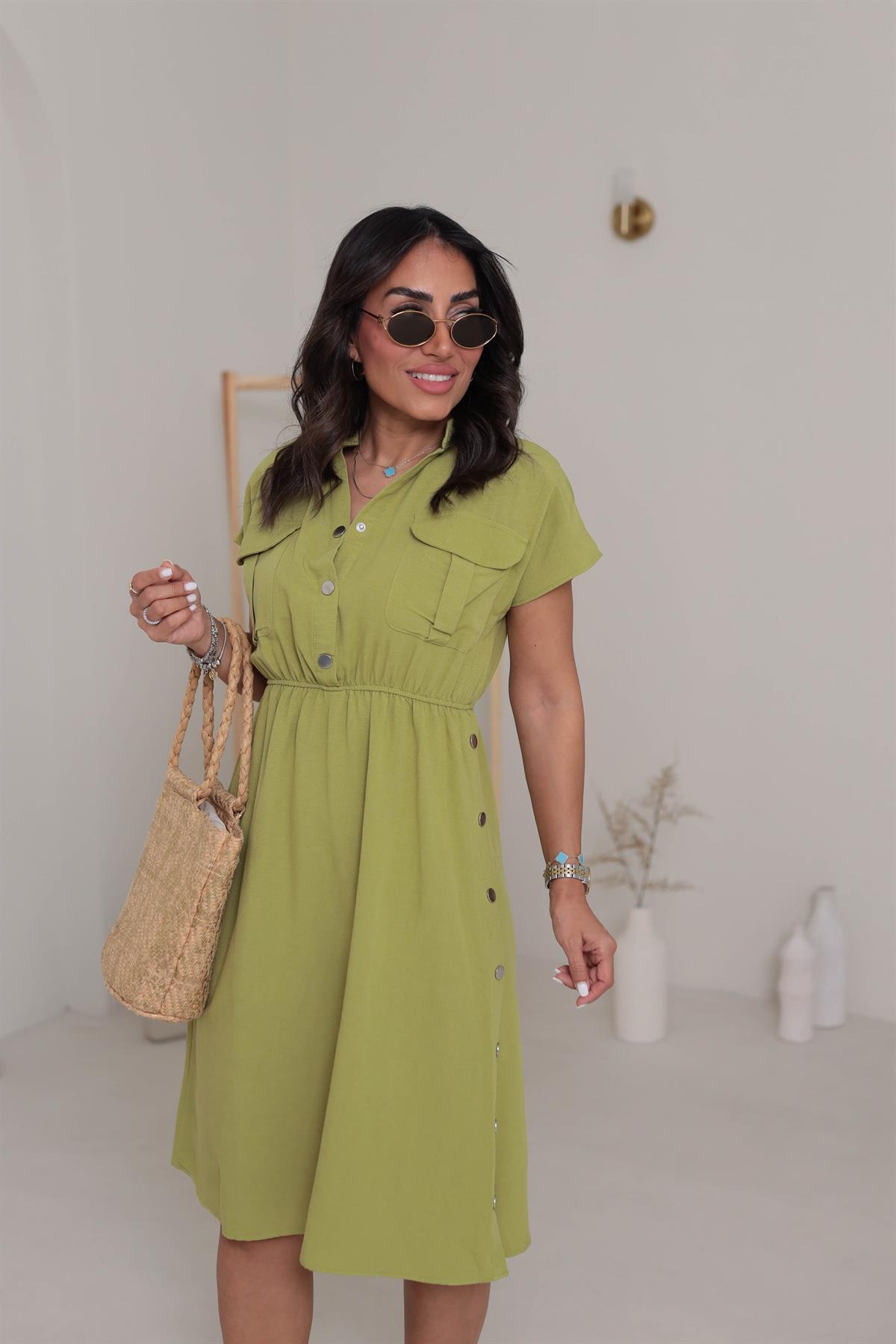 5921 Yan Çıtçıt Detay Elbise YEŞİL