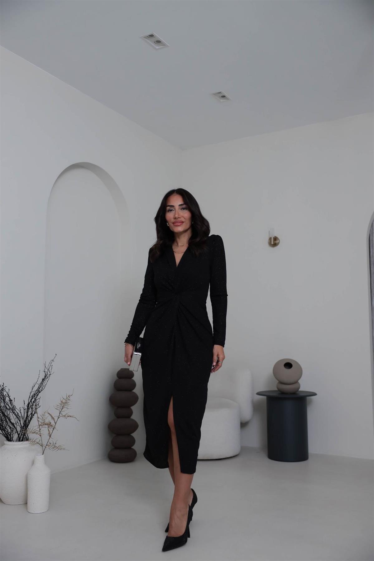 3633 Simli Likralı Düğüm Detay Midi Elbise SİYAH