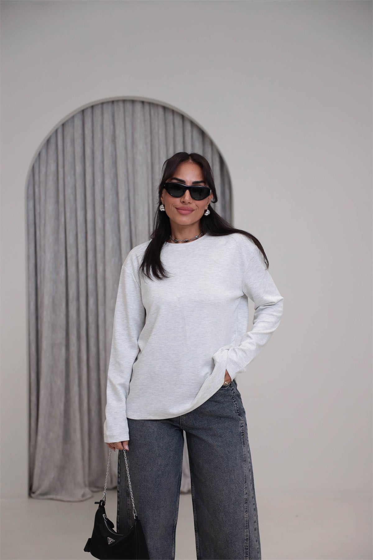 1448 Bisiklet Yaka uzun Kollu Oversize Tshirt GRİ