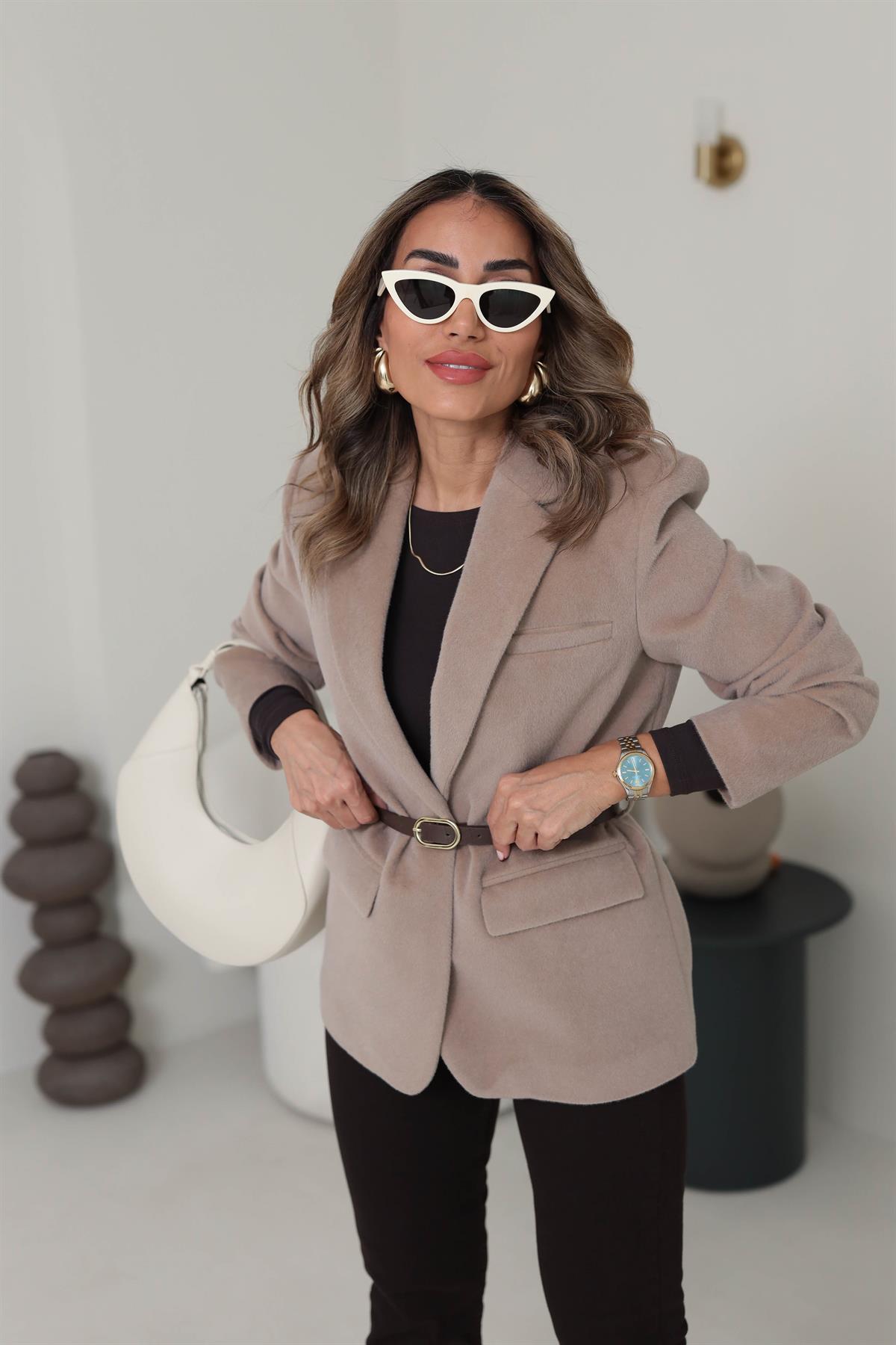 9490 Alpaka Kemerli Ceket Mont VİZON