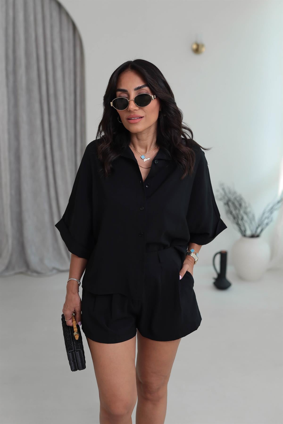 513 Tencel Düşük Omuz Gömlekli Şort Takım SİYAH