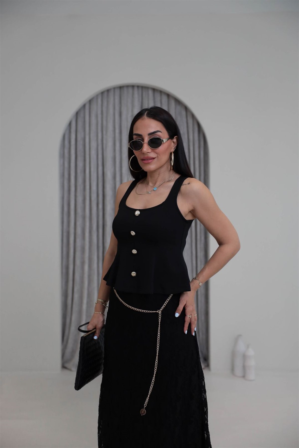 1979 Düğmeli Kare Yaka Peplum Bluz SİYAH