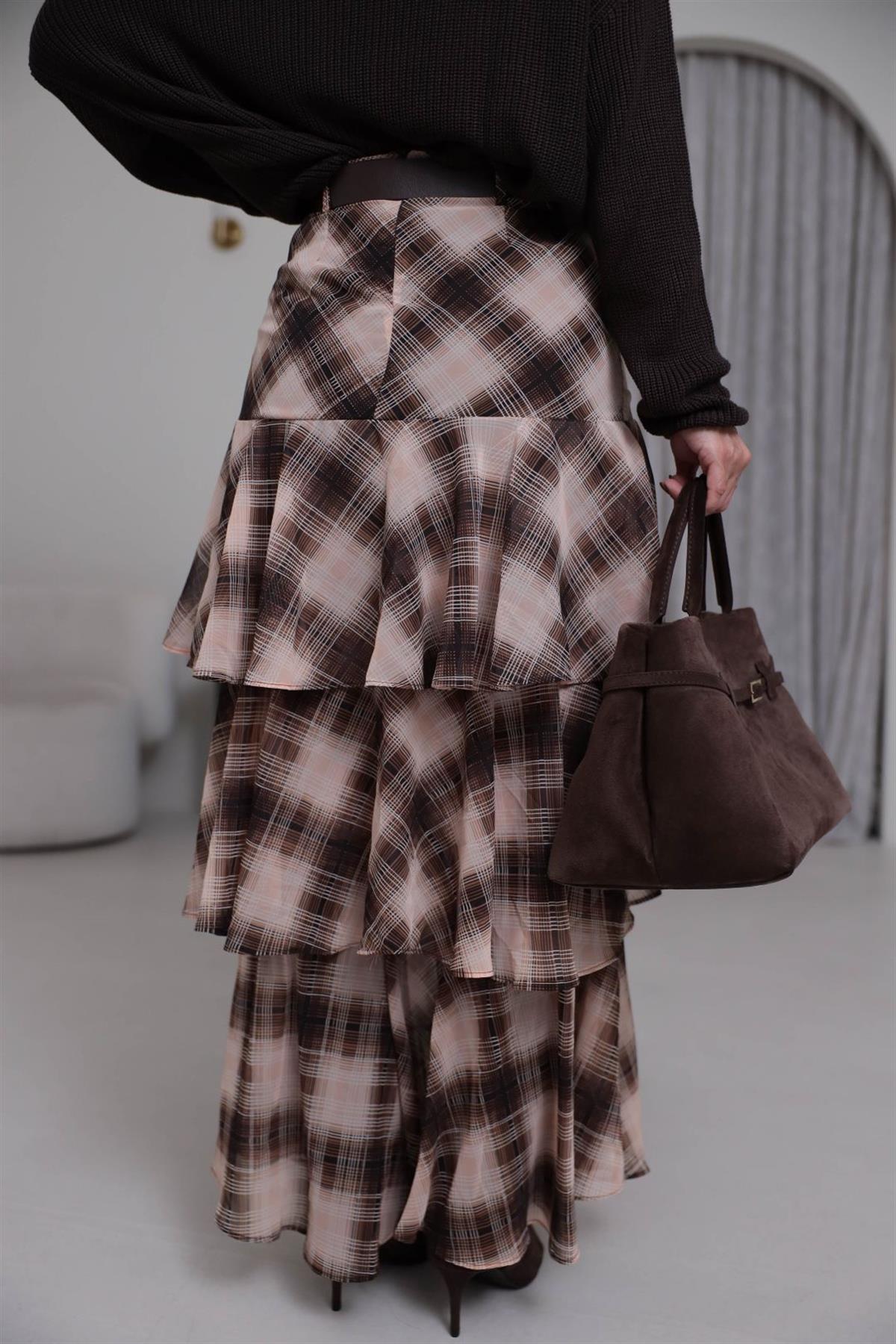 7205 Kemerli Katlı Şifon Etek BEJ-KAHVE