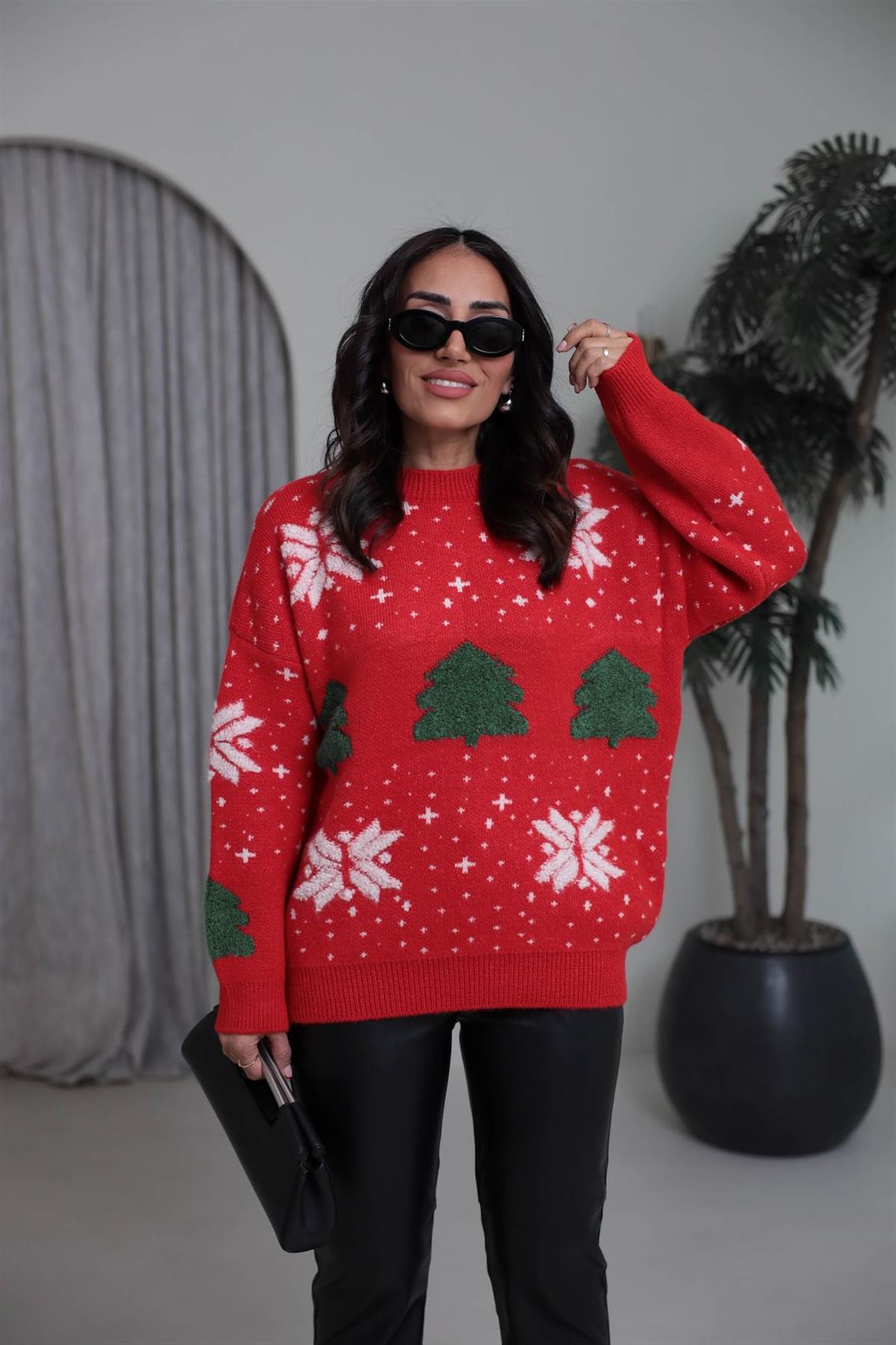 0016 Bisiklet Yaka Kar Taneli Kazak KIRMIZI