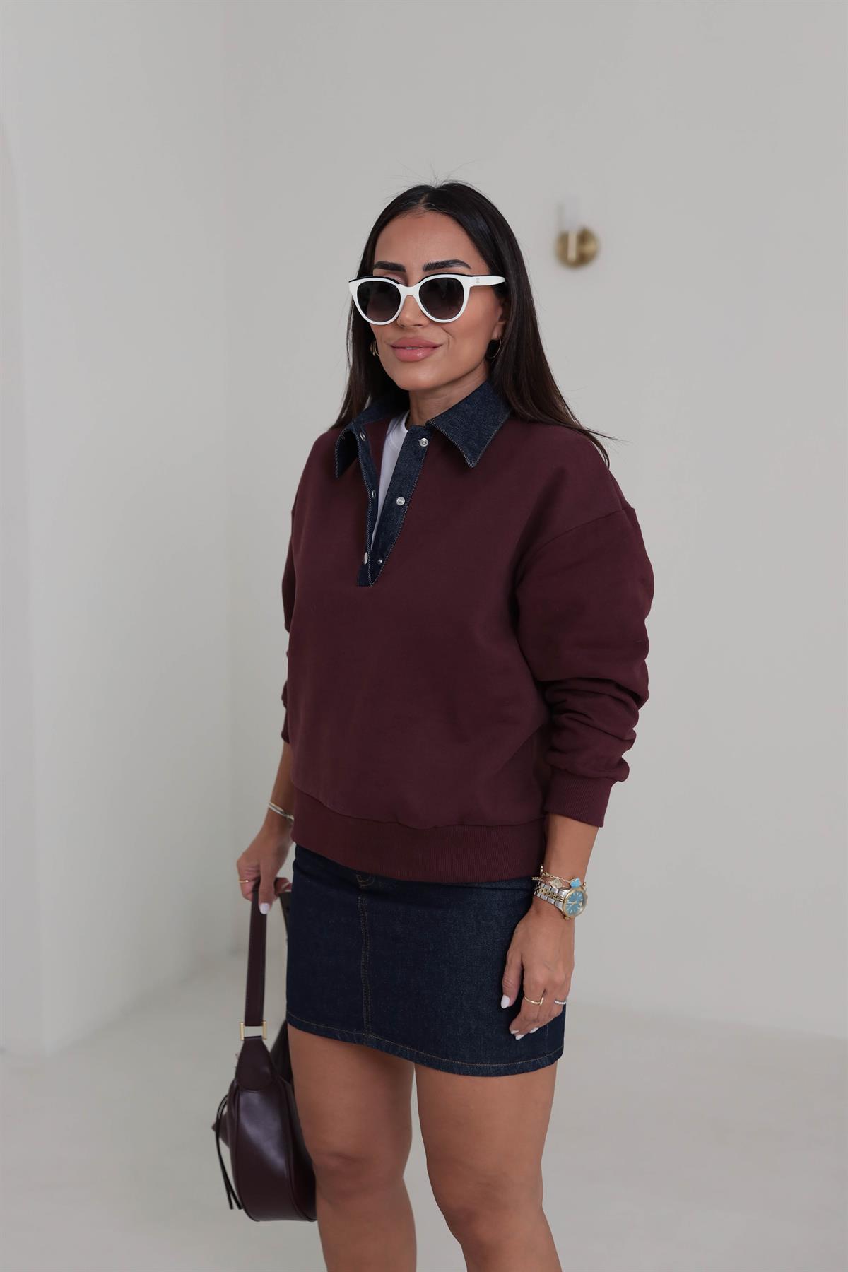 0178 Denim Yaka Tasarım Sweatshirt BORDO