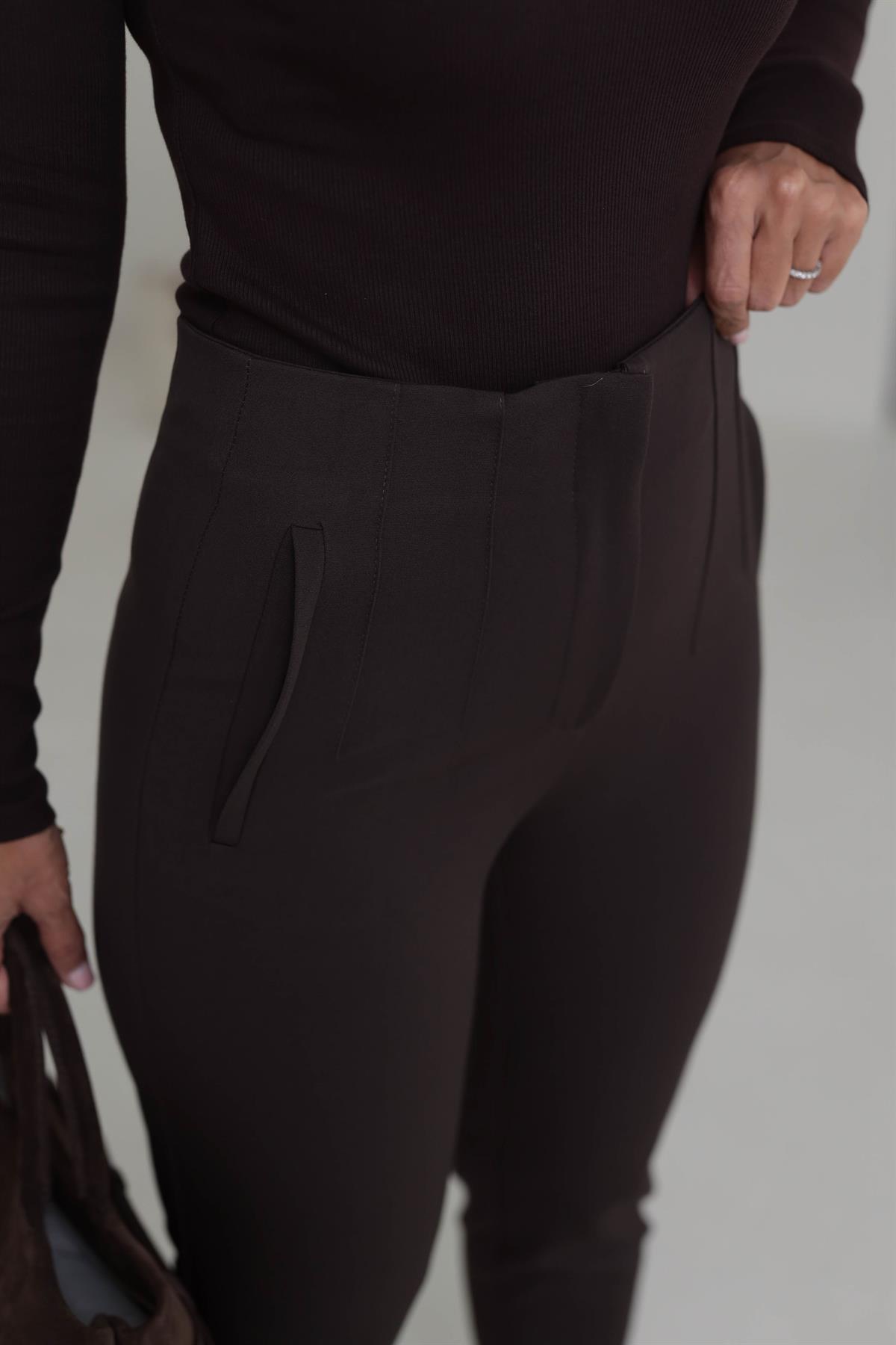 U5113-K Önü Flotalı Kumaş Pantolon KAHVE