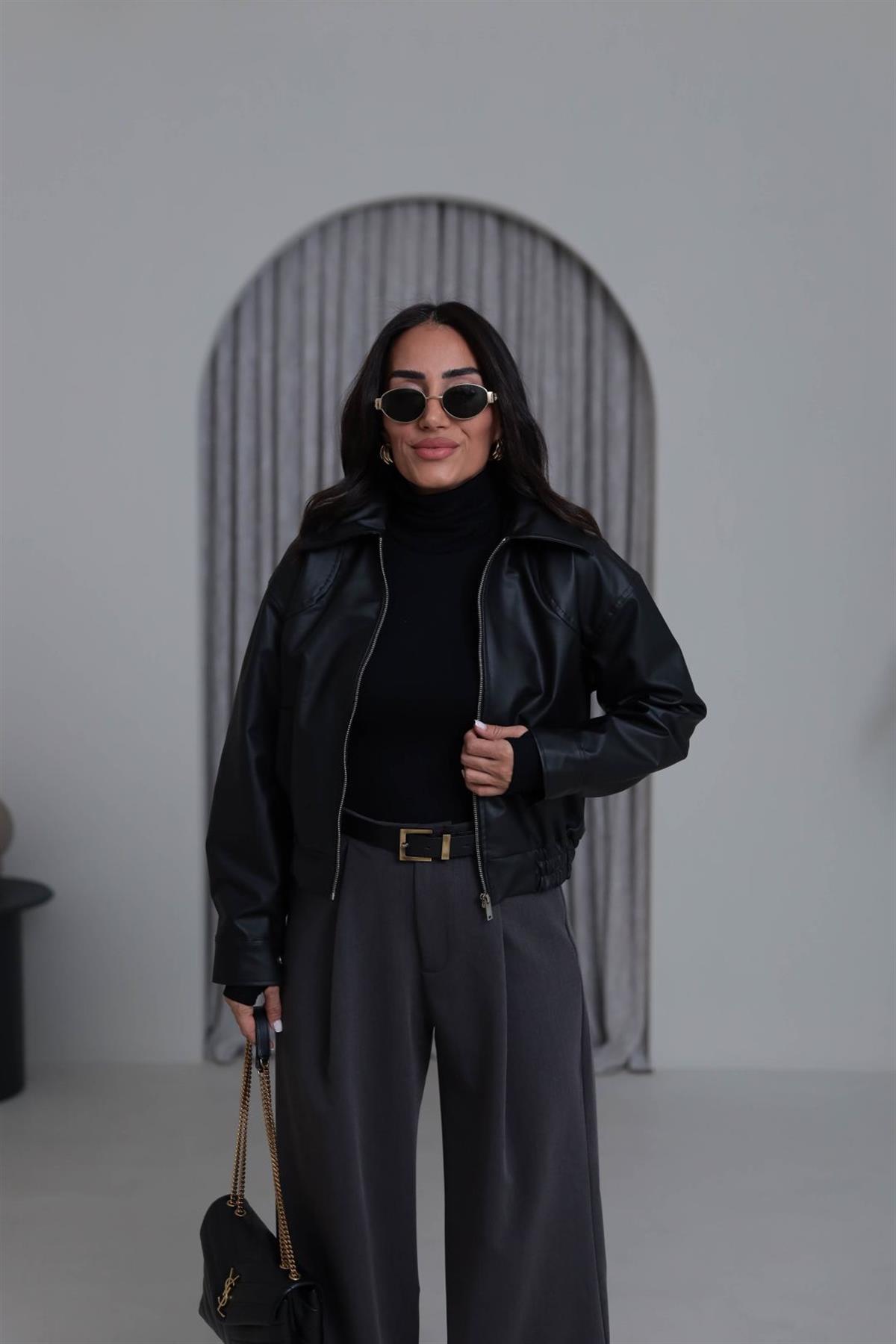 3128 Bel Lastikliı Suni Deri Bomber Ceket SİYAH