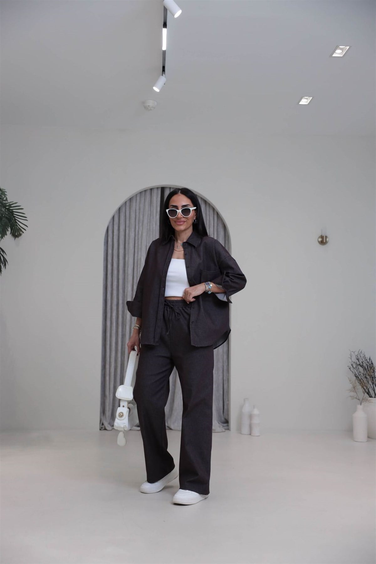 3012 Likralı Gömlekli Kot Takım KAHVE