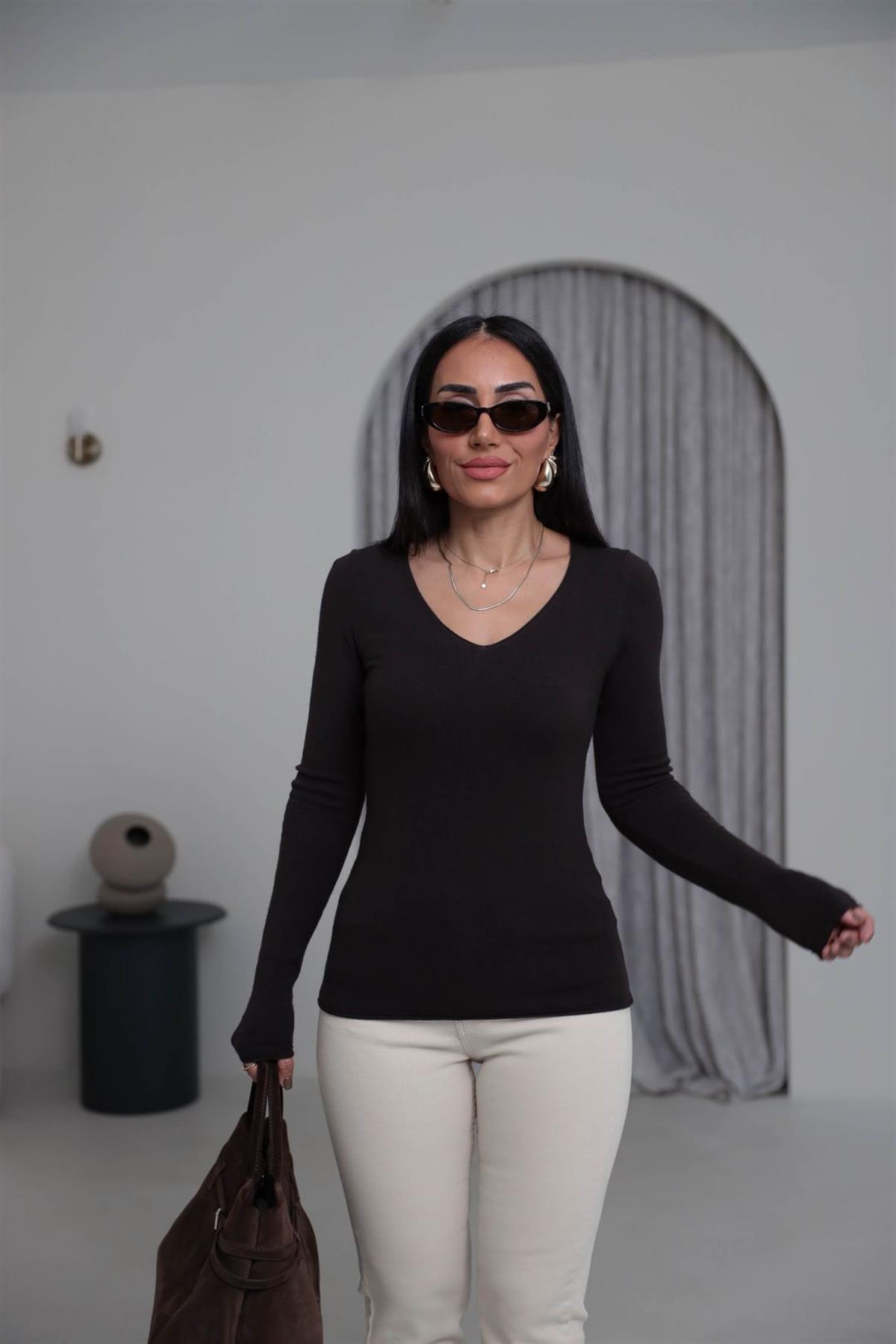 0842 V Yaka Kaşmirli Triko Bluz ACI KAHVE