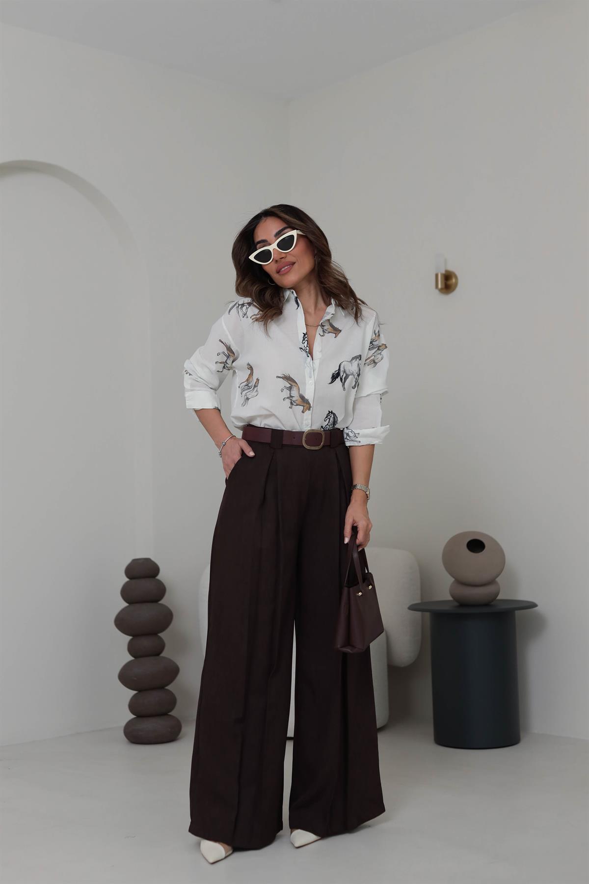 2569 Arka Bel Lastikli Kemerli Palazzo Pantolon ACI KAHVE