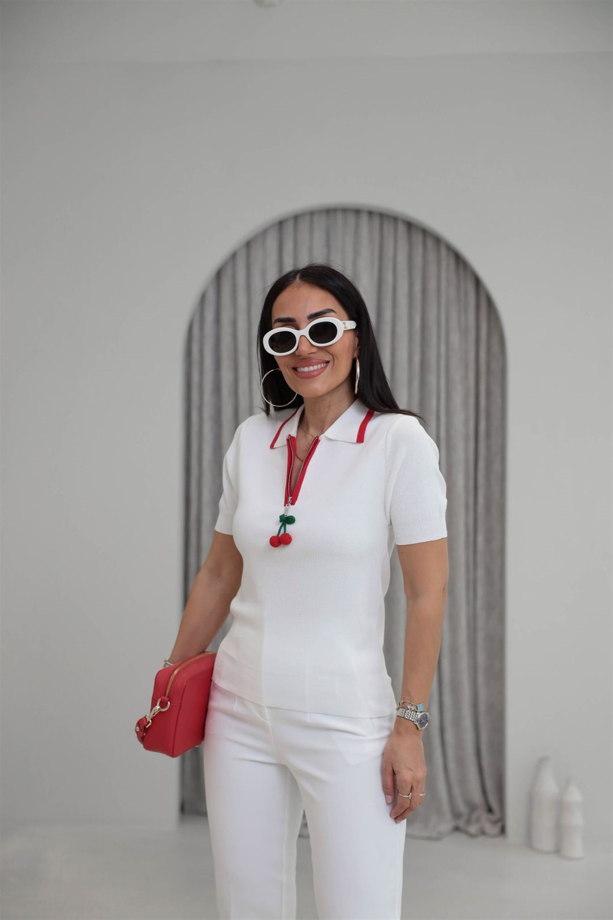 0620 Fermuarı Kiraz Aksesuarlı Rayon Triko Bluz EKRU