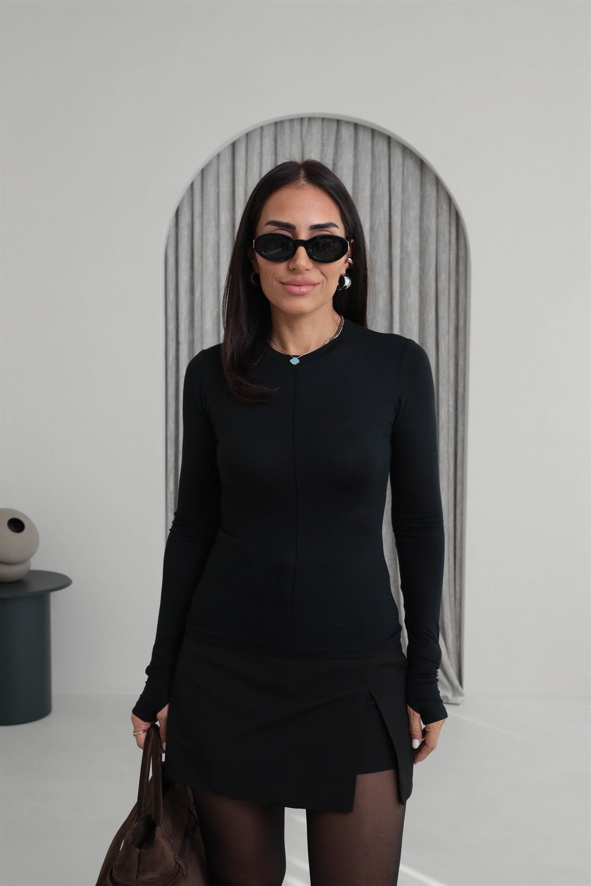 4152 Bisiklet Yaka Çimalı Parmak Geçmeli Body SİYAH