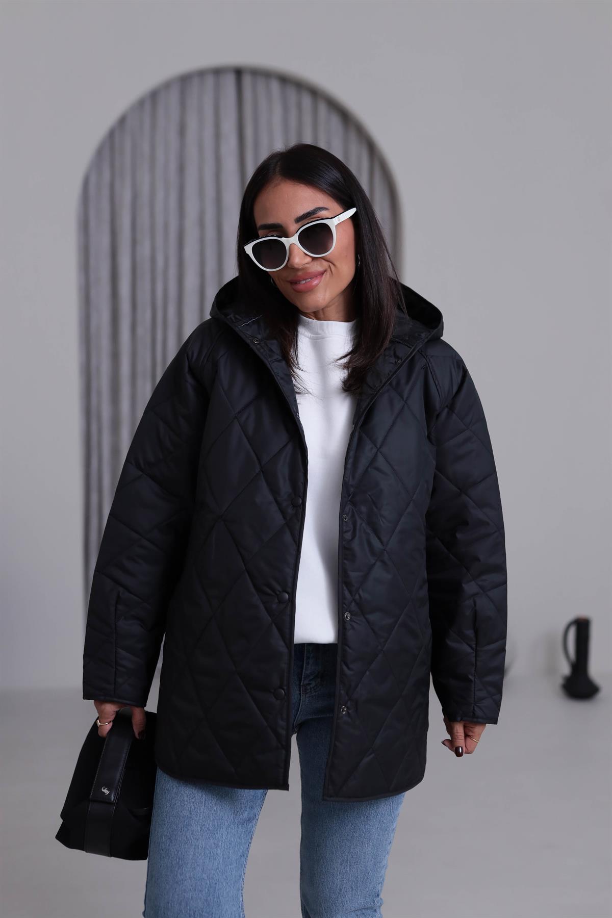 4211 Kapitone Kapşonlu Oversize Mont SİYAH