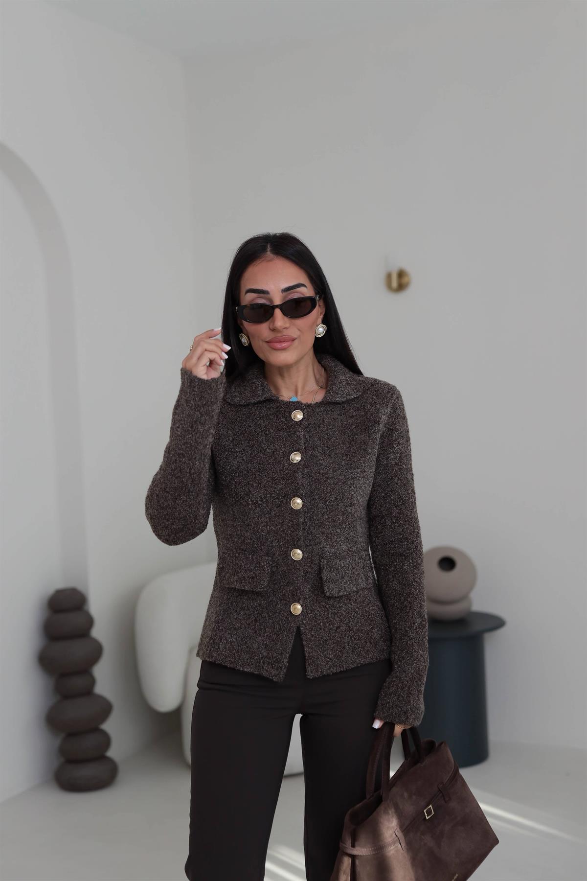 0265 Polo Yaka Düğmeli Cep Detaylı Triko Hırka KAHVE