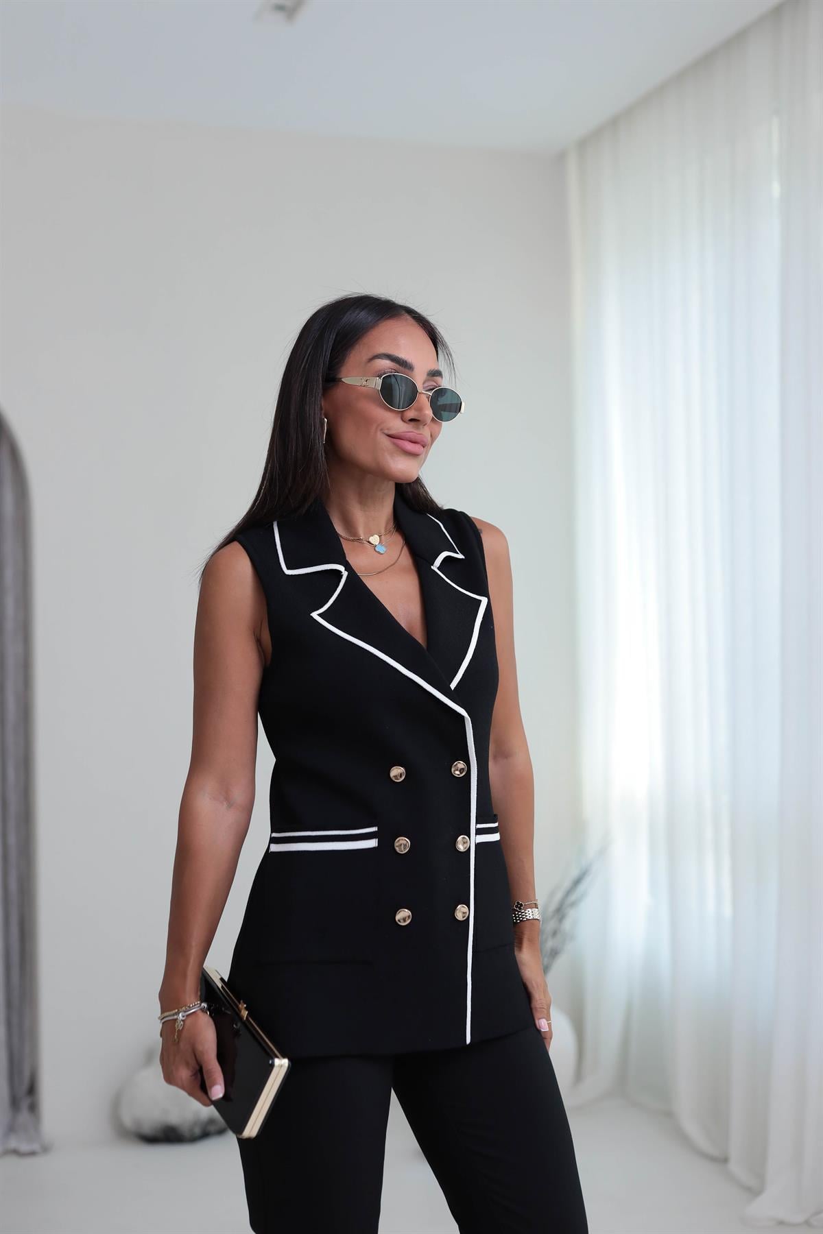 4929 Biyeli Cepli Triko Yelek SİYAH