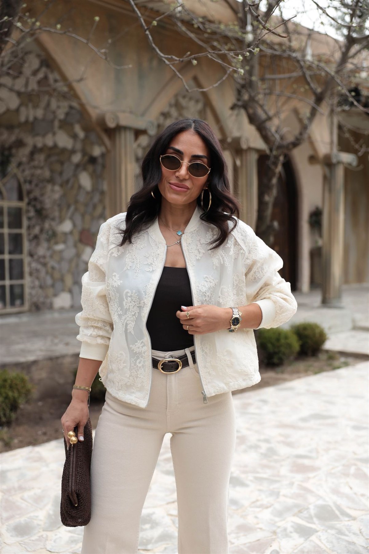 9612 Nakış İşlemeli Fermuarlı Astarlı Ceket BEJ