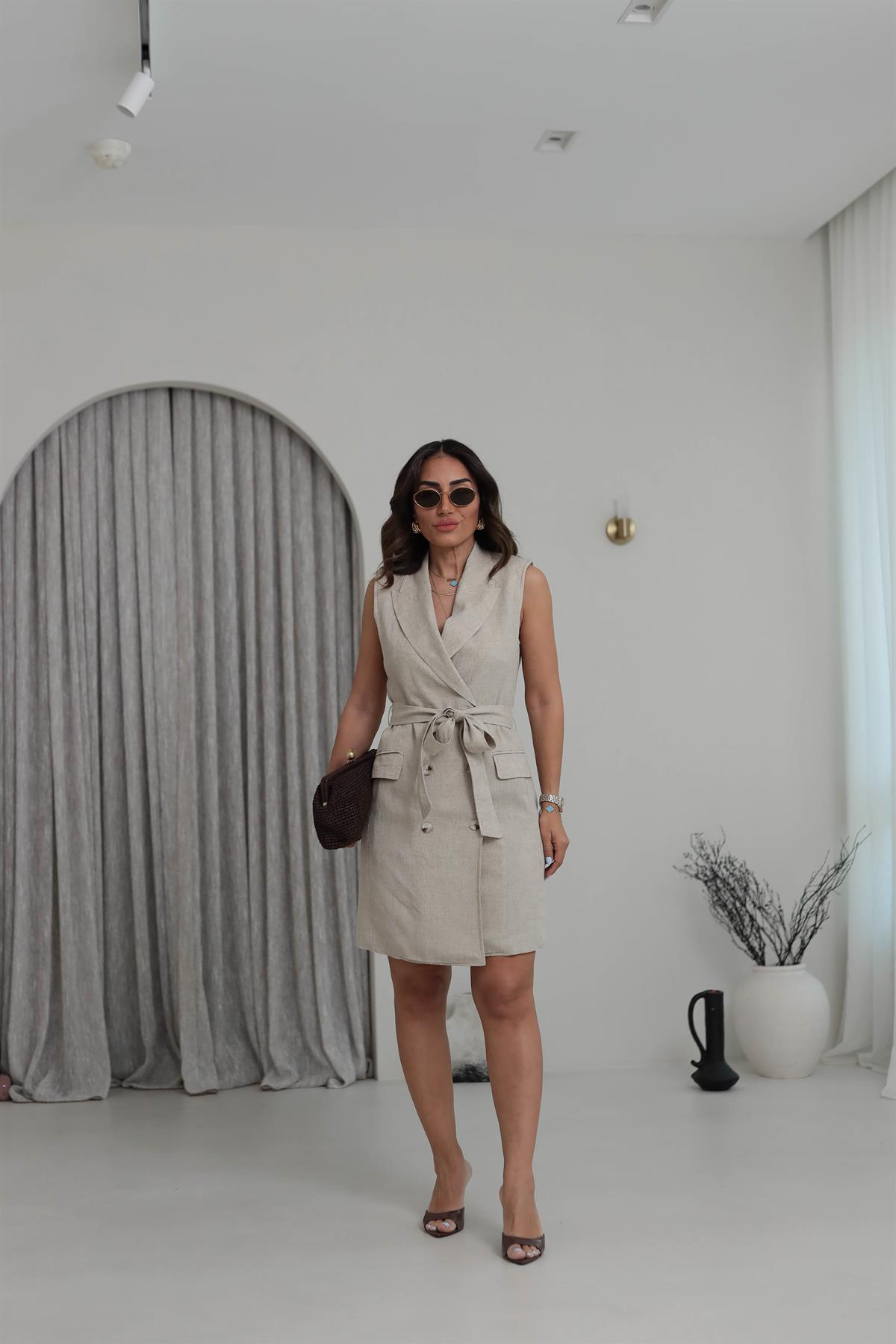 1001 Gömlek Yaka Keten Elbise NATURAL