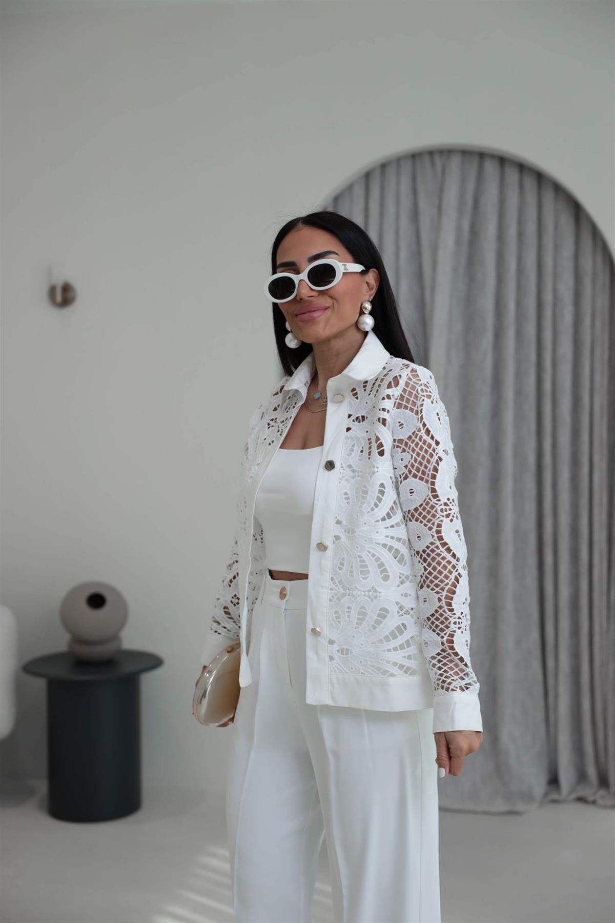 7201 Gold Düğmeli Poplin Garnili Dantelli Ceket EKRU