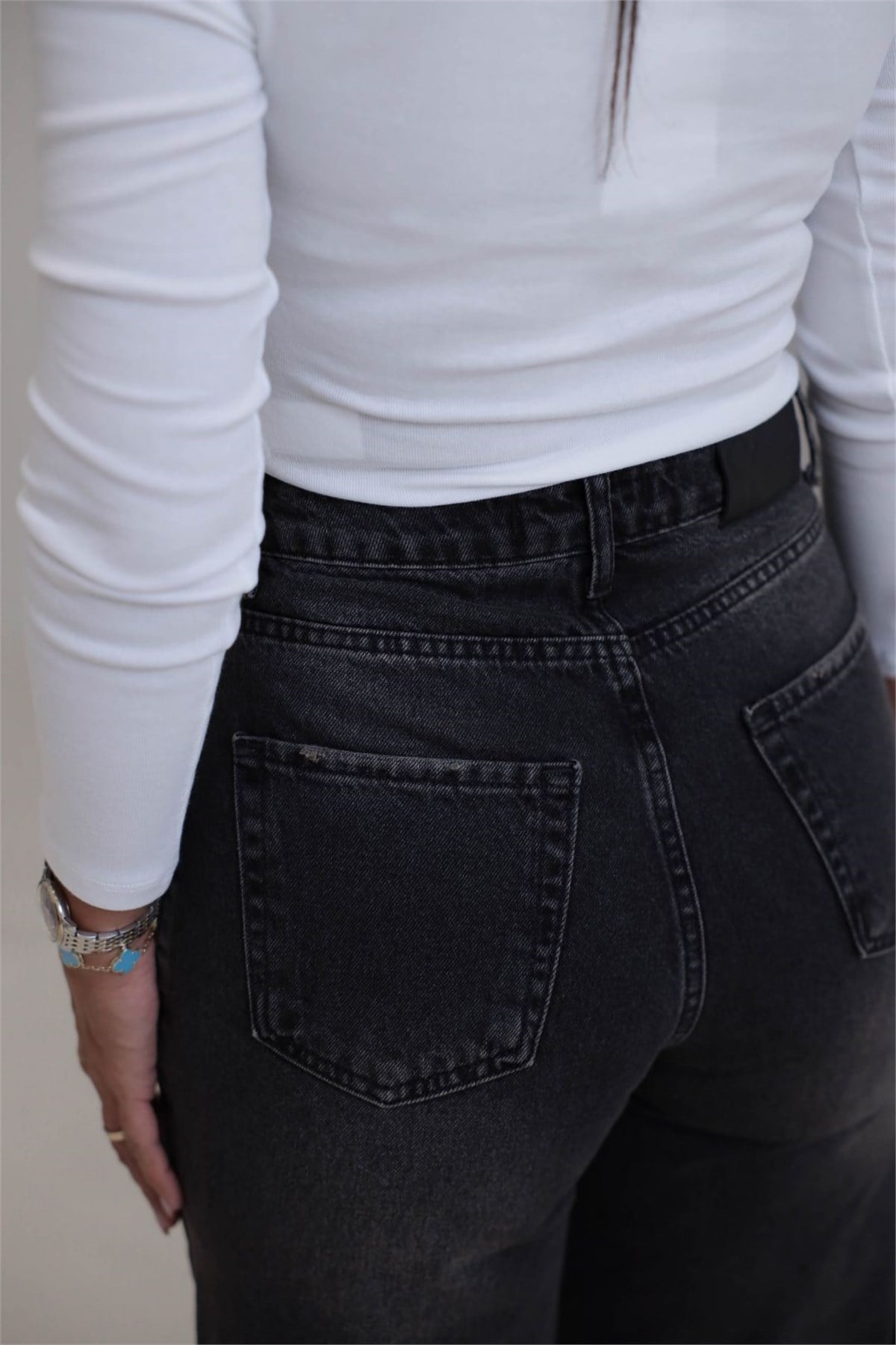 1065 Asimetrik Bel Detaylı Palazzo Denim Pantolon YIKAMALI SİYAH