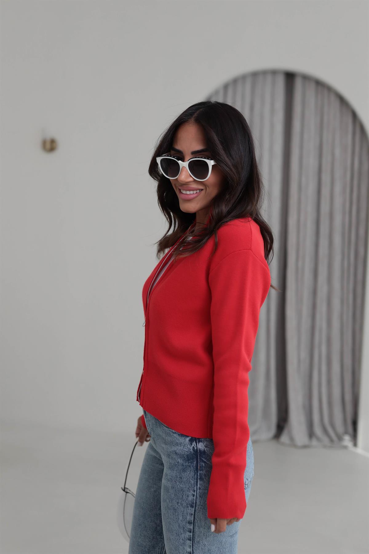 1042 Dik Yaka Çift Fermuarlı Triko Hırka KIRMIZI