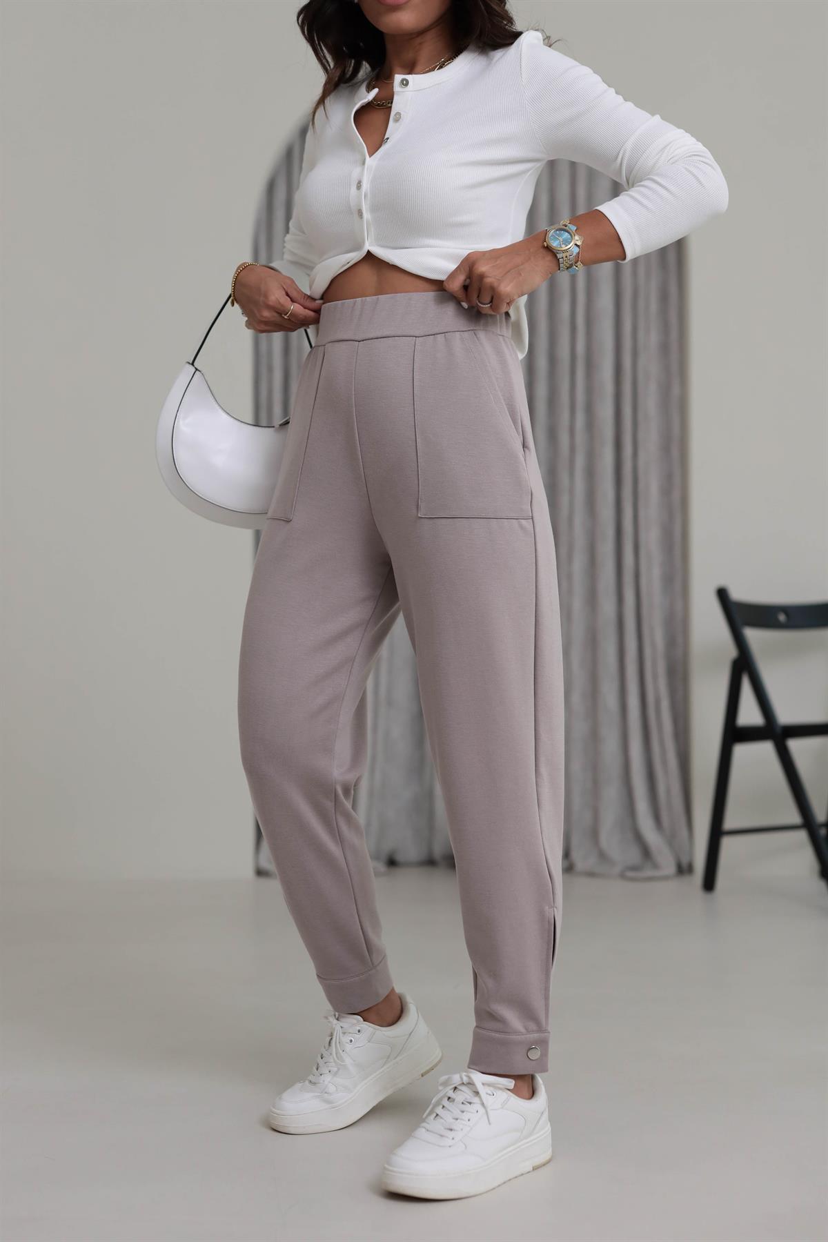 4591 Paçası Düğme Detaylı Cepli Modal Pantolon VİZON