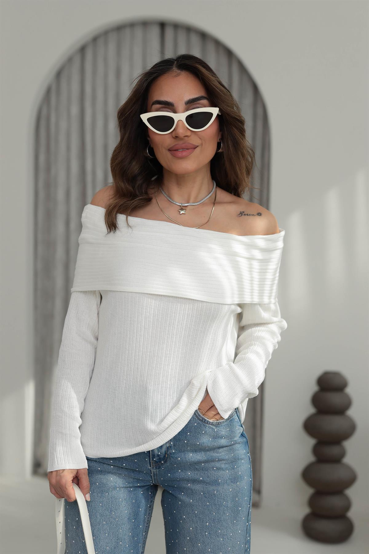 0340 Madonna Yaka Fitilli Mevsimlik Triko EKRU