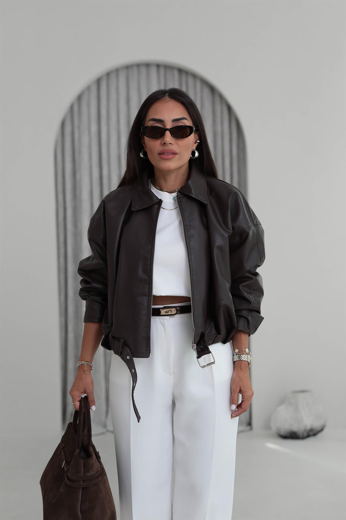 3137 Kemer Detaylı Fermuarlı Deri Ceket ACI KAHVE