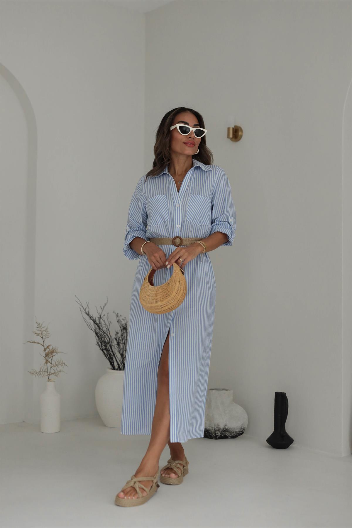 Hasır Kemerli Cep Detaylı Çizgili Gömlek Elbise