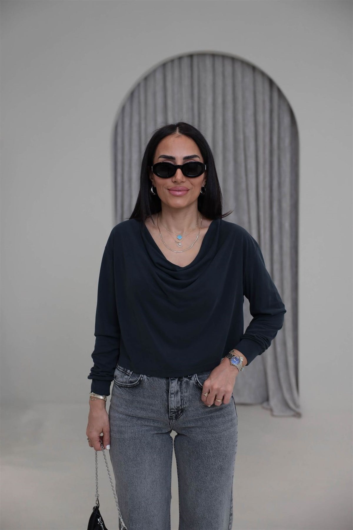 2424 Degaje Yaka Modal Bluz ANTRASİT