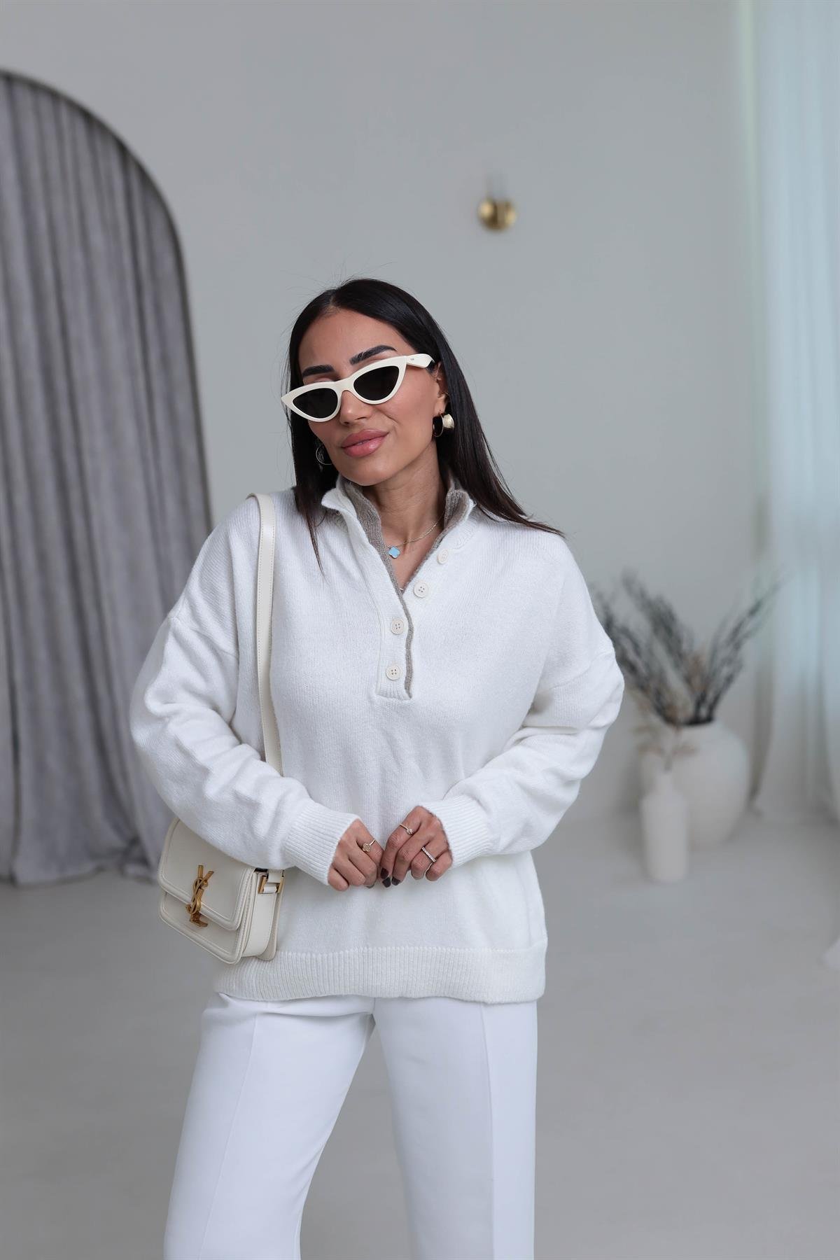 1023 Patlı Düğmeli Kazak EKRU