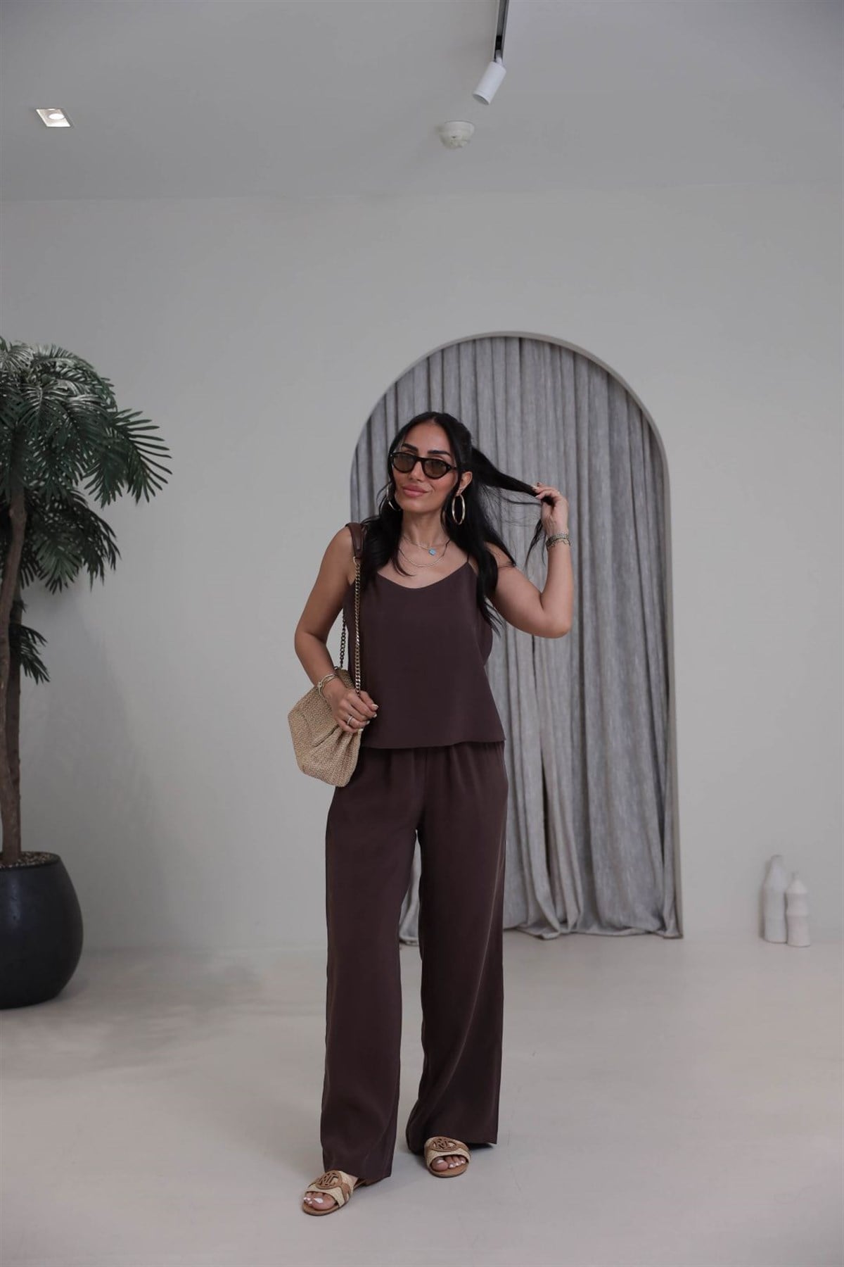 9298 İp Askılı Tencel Takım KAHVE