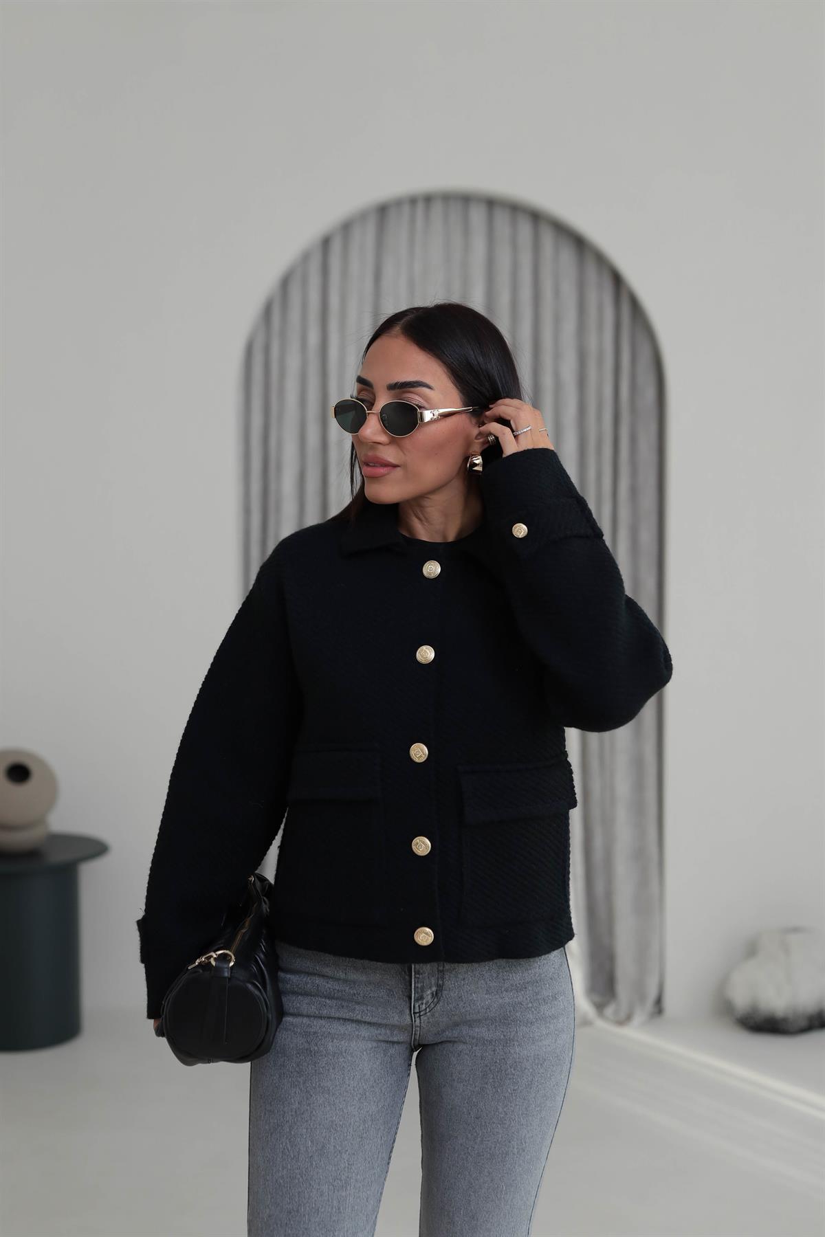 4204 Kalın Dokulu Gold Düğme Detaylı Ceket Hırka SİYAH